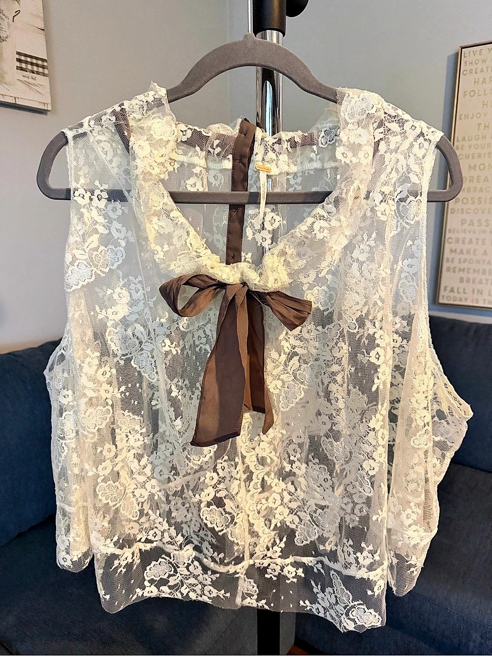 Free People Fly Away Lace Bow Top Floral Blouse in White & Brown